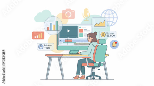 A person editing video content on a computer, surrounded by digital marketing and analytics icons.