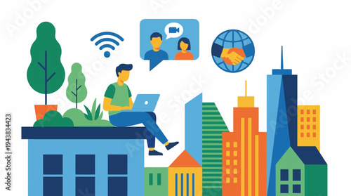 A person working remotely on a laptop on a rooftop with city buildings, Wi-Fi, and global communication icons, illustrating modern work and connectivity.