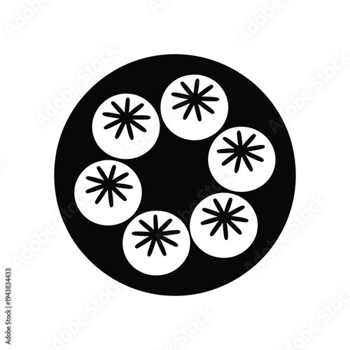 Black circle containing multiple white star shaped floral icons