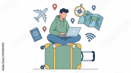 A person planning a trip or working remotely while sitting on a suitcase with various travel-related icons.