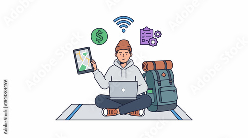 A person working remotely on a laptop while traveling, surrounded by icons representing money, wifi, planning, and holding a tablet with a map.