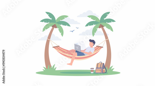 A man working remotely on a laptop while relaxing in a hammock between two palm trees on a tropical beach.