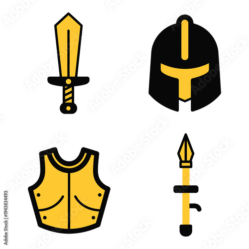 Vector art of collection of four flat design icons related to medieval warfare and armor, including a sword, helmet, chest plate, and spear