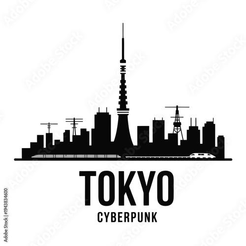 Minimalist black silhouette of tokyo skyline with cyberpunk text overlay