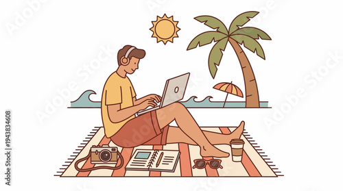 A person working remotely on a beach with a laptop, enjoying the sun and waves.