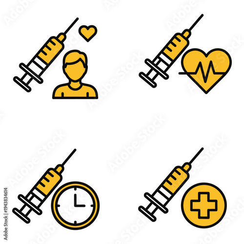 Vector art of set of four medical icons with syringes and health symbols