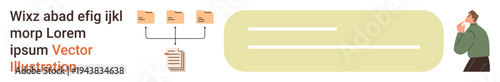 Data management, decision-making, workflow, file organization, information sharing, brainstorming. Icons of folders connected to a document and person thinking. Data management and decision-making