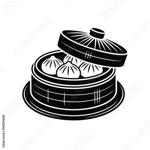 A black and white illustration of steamed dumplings in a bamboo basket