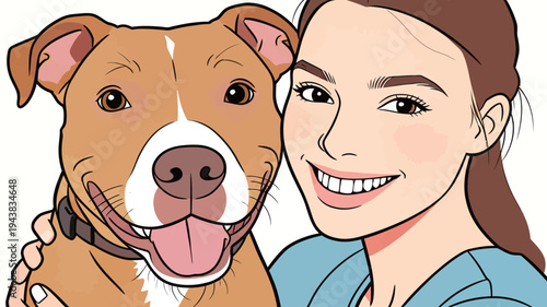 A woman smiles widely while holding a brown dog close to her face. The dog looks happy and cheerful.