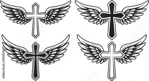 Four winged Christian crosses in varying black and white styles symbolizing divine protection and spiritual elevation