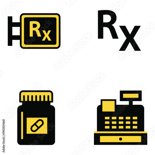 Vector art of four pharmacy and healthcare icons prescription sign, rx symbol, pill bottle, and cash register