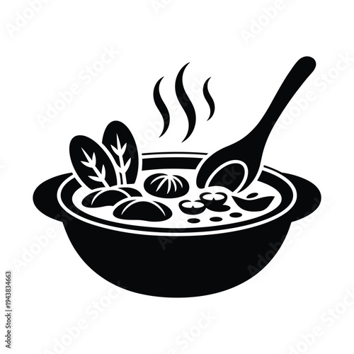 A black and white illustration of a bowl of hot soup with garnish