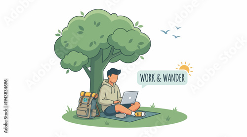 A man working on his laptop under a large green tree outdoors, with a backpack nearby, symbolizing remote work and travel.