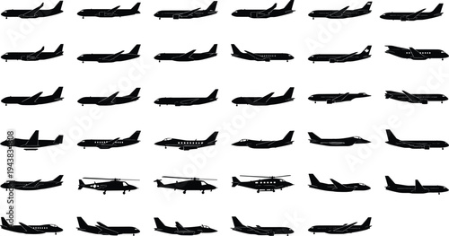 Collection of diverse aircraft silhouettes including commercial airplanes, private jets, military planes, and helicopters in vector illustration for aviation design
