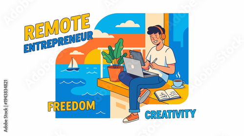 A person working remotely on a laptop by a window overlooking a beach with a sailboat, embodying remote entrepreneurship, freedom, and creativity.
