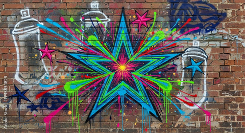 Colorful Star and Heart Graffiti Art on Brick Wall.