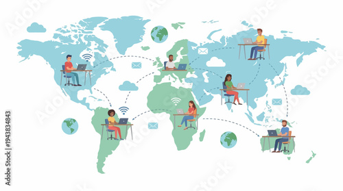 Global remote work concept with diverse people connected across continents using laptops and internet technology.