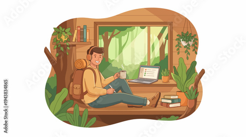 A young man with headphones and a backpack working on a laptop in a cozy wooden room with a large window overlooking a lush green forest.