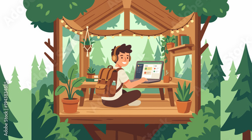 A young person working on a laptop in a cozy, plant-decorated treehouse nestled among green trees, embodying remote work and nature connection.