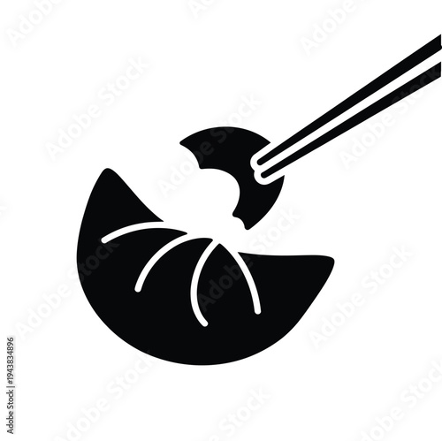 Black and white graphic of chopsticks lifting a single dumpling