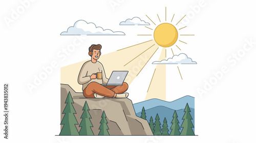 Man working remotely on laptop outdoors on a mountain with sun shining, enjoying nature and freedom.