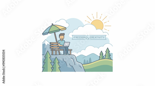 Man working remotely on laptop outdoors, enjoying nature and sunshine on a mountain top.