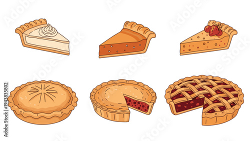 Mouth-watering selection of whole pies and individual slices featuring various fillings like pumpkin, cherry, and cream with fruit toppings.