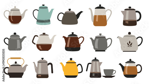 Elegant collection of teapots and coffee pots in different shapes, sizes, and colors suitable for tea parties or morning coffee.