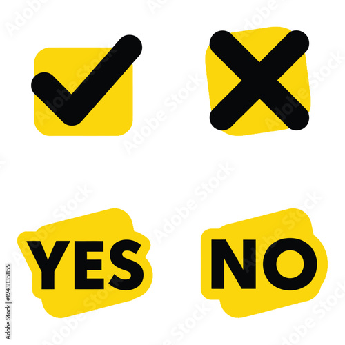 Vector art of four icons representing choices checkmark, cross, yes text, and no text