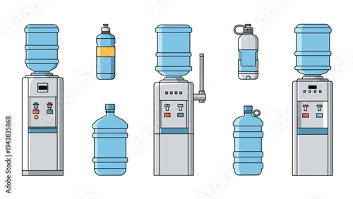 Selection of water dispensers with large blue bottles and individual reusable water containers for home, office, or gym use.