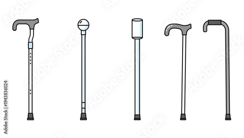 Assortment of walking canes and mobility aids with various handle designs and structures for seniors or people with disabilities.