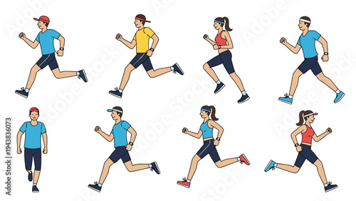 Set of athletic men and women in various running and jogging poses while wearing headbands and sportswear for fitness activities.