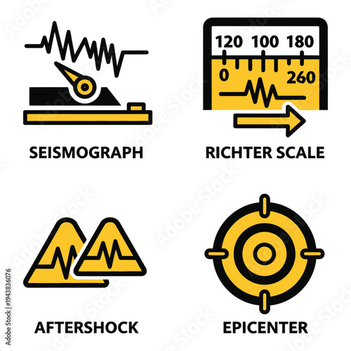Vector art of set of four icons representing seismograph, richter scale, aftershock, and epicenter