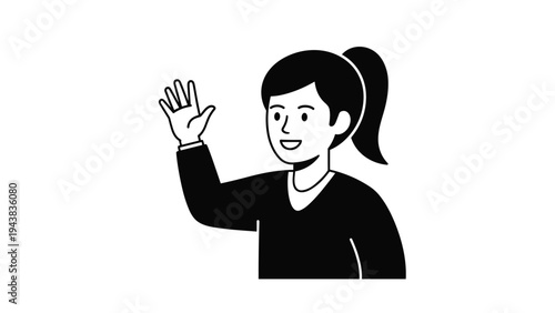 Black and white illustration of a young woman with a ponytail smiling and waving her hand in a friendly greeting or farewell.