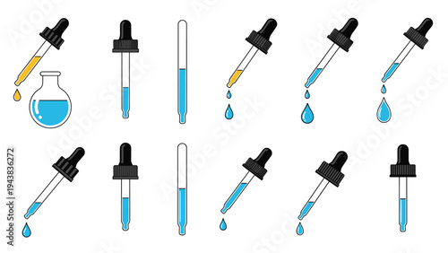 Various pipette and eye dropper icons with blue and orange liquid droplets used in laboratory or medical experiments shown in a flat style.