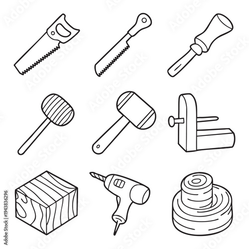 Set of woodworking tools including saws hammers and a drill in black and white line mallet