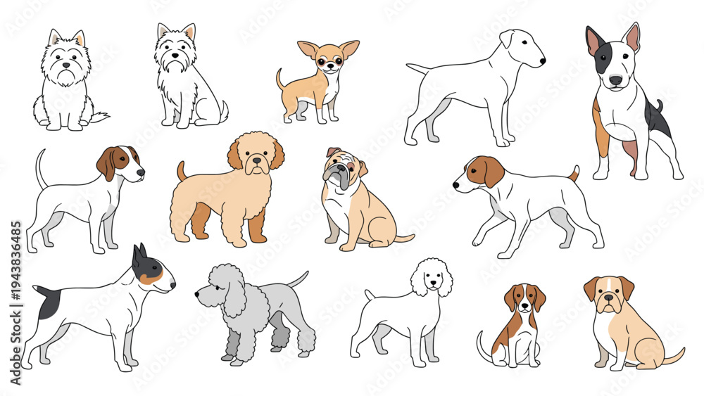 Obraz premium Extensive collection of dog breed line drawings featuring breeds like bulldogs, poodles, chihuahuas, and terriers in profile view for art.