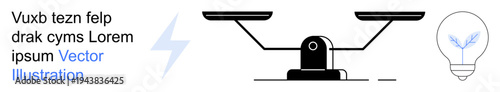 Energy efficiency, innovation, balance, decision making, technology, sustainability. A balance scale flanked by a lightning bolt and a lightbulb symbol. Energy efficiency and innovation concept