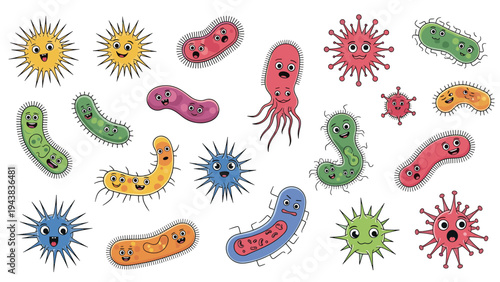Multi-colored cartoon microbes and bacteria with cute faces representing germs, viruses, and microscopic organisms in a large collection.