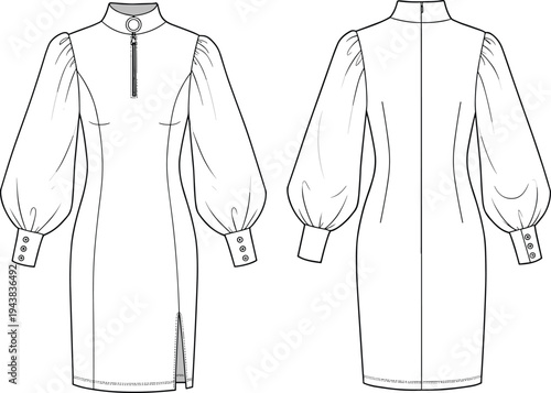 High neck mini dress with puff sleeves, front zipper and button cuffs, technical flat sketch, cad drawing for fashion design