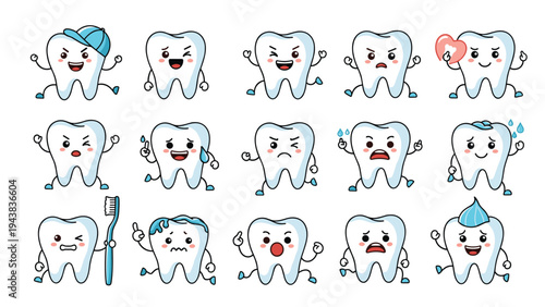 Group of cute animated tooth characters with faces showing various dental health related emotions and activities like brushing for children.