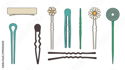 Various hair accessories including pins, clips, and decorative floral hair sticks in different colors and styles for styling and beauty care.