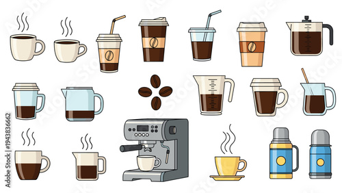 Extensive set of coffee related icons featuring cups, take-out containers, beans, a coffee machine, and thermoses in a flat vector design.