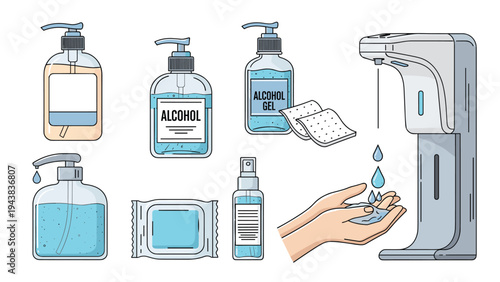 Medical hygiene products set featuring hand sanitizer gel, alcohol spray, wet wipes, and an automatic dispenser station for virus protection.