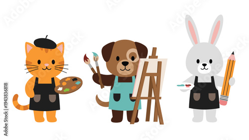 Three cute animals including a cat, dog, and rabbit dressed as artists with brushes, palettes, and canvases in a playful character illustration.
