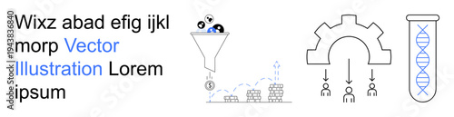 Data processing, biotechnology, business analytics, teamwork, productivity, workflow. ion of data funnel, gear mechanism and DNA strand in a test tube. Data processing and biotechnology concepts