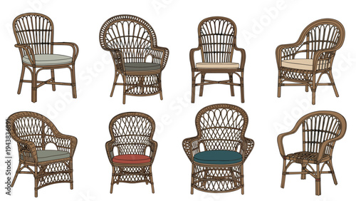 Collection of eight different wicker armchair designs featuring woven patterns and various cushion colors for home decor and interior design.