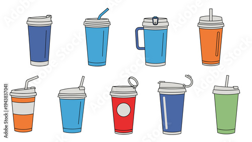 Row of reusable travel mugs and cups with lids and straws in various colors and designs for eco-friendly drinking and zero waste lifestyle.