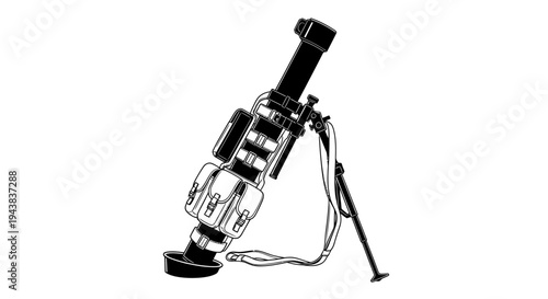 Black and White Illustration of a Mortar Weapon with Ammunition Pouch