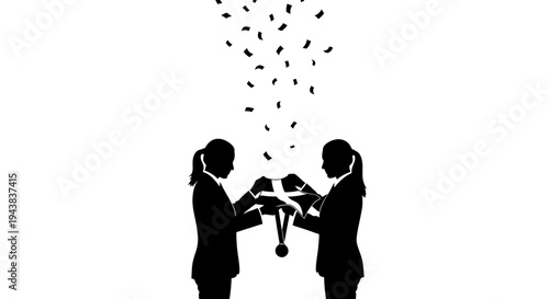 Businesswomen celebrating success with confetti and medal, teamwork achievement